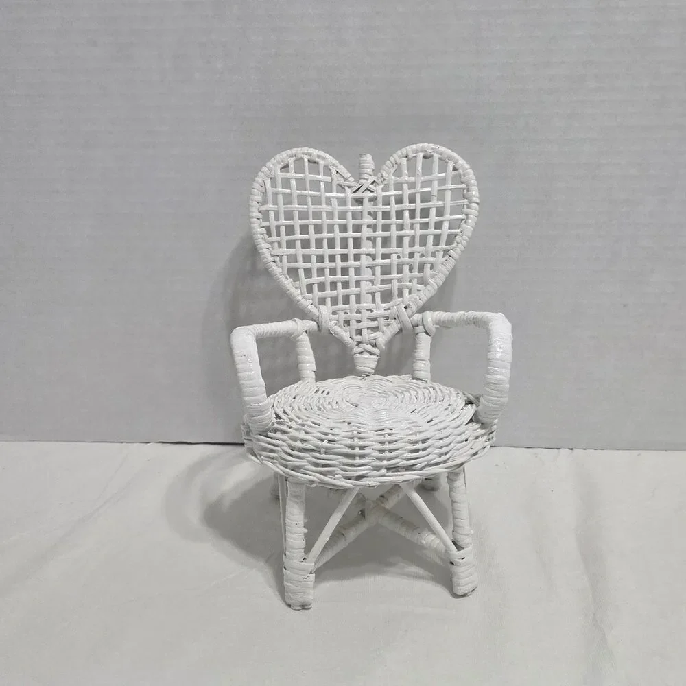 Vintage White Rattan Heart Wicker Doll Chair 10” Heart Shape Furniture